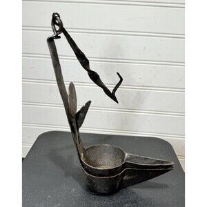 Antique Wrought Iron Whale Oil Fat Double Betty Lamp with Twisted Hanger & hook